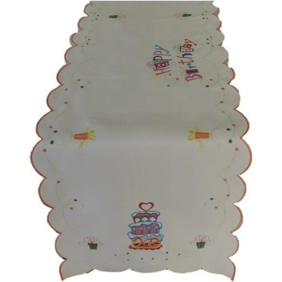 Happy Birthday Embroidered Table Runner With Scalloped Edges & Gift/Cake Design - Picture 1 of 4